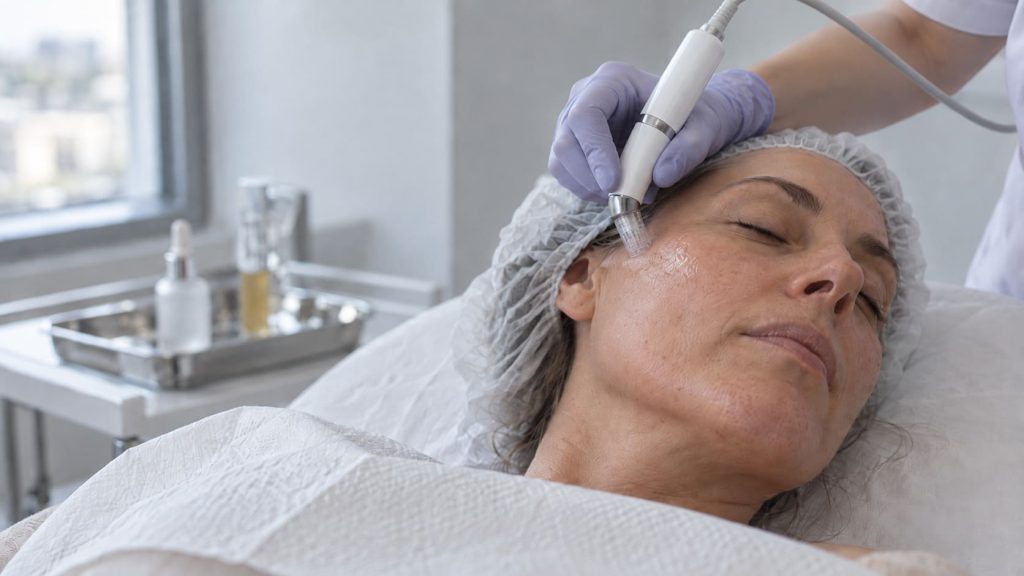 Micropunción facial con sérum de exosomas en la mejilla de una paciente